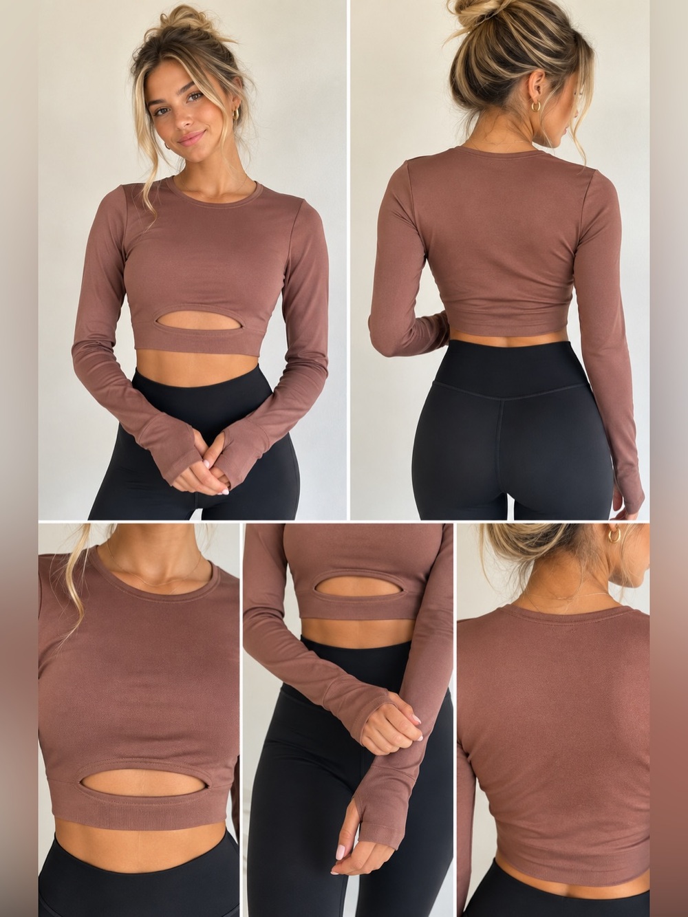 L*SPACE Active Brown Cutout Long Sleeve Crop Top XS/S
